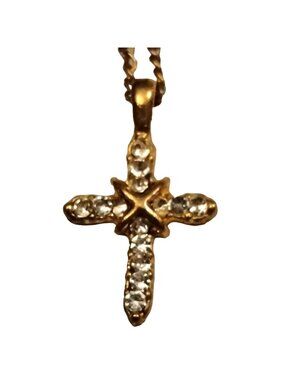 Vintage Cross Pendant Necklace Gold Tone Chain Rhinestone